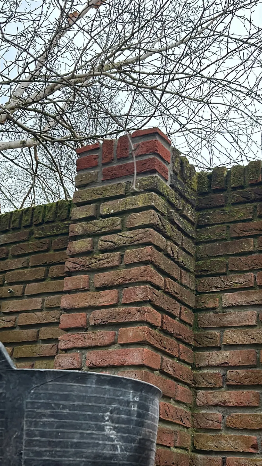 Herstelde rollaag met nieuwe rode stenen op een bemoste tuinmuur